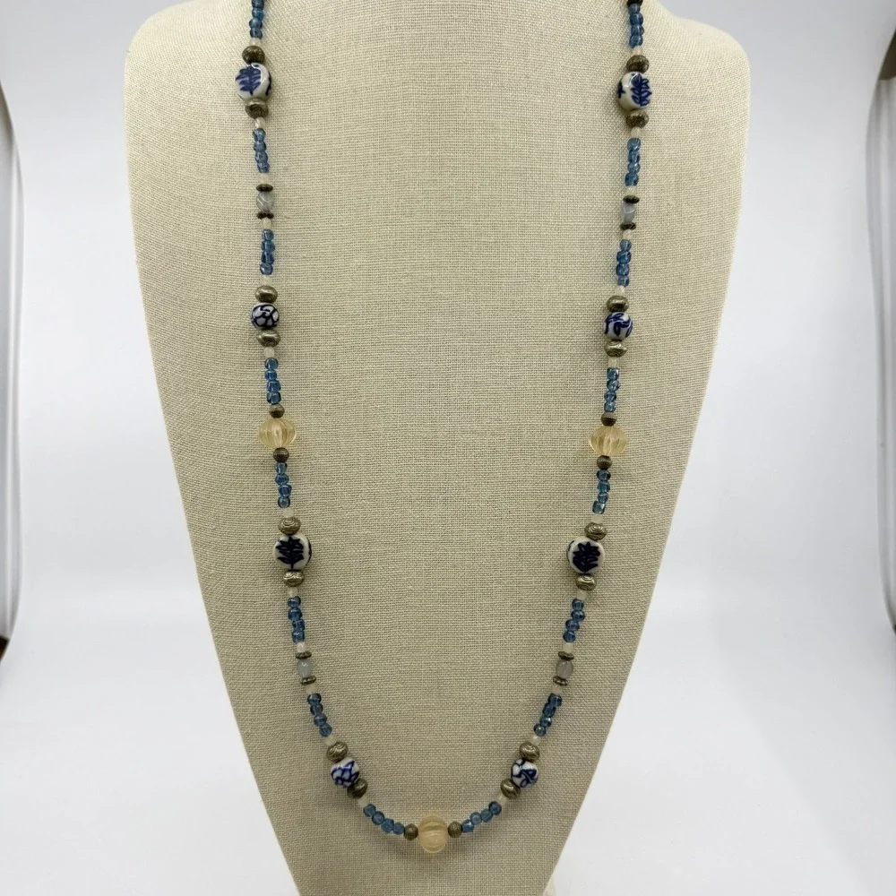 Blue White Porcelain Floral Bead Necklace Carved Acrylic Boho Statement Gift